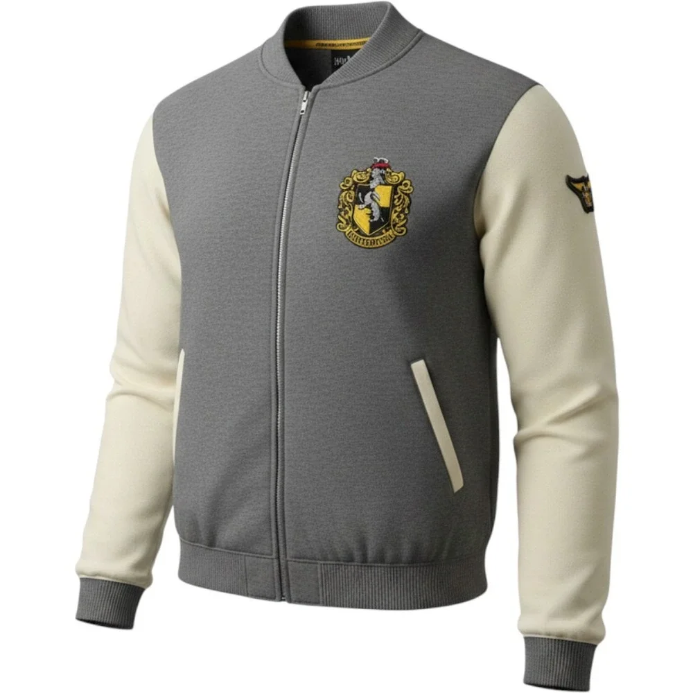 Harry Potter Hufflepuff Varsity Bomber Jacket Grey Cream Quidditch Captain L